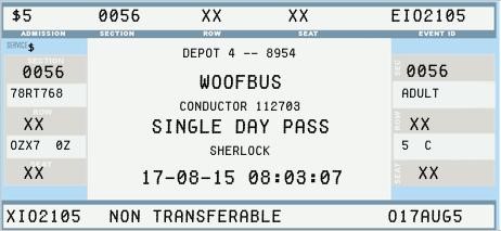 Sherlock's WoofBus Pass for the day. Of course, this was clicked before he got it. When I got it at the end of the day, it was soggy.