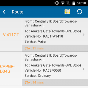 Screenshot of the BMTC app showing KA01FA1418 on route 411GT