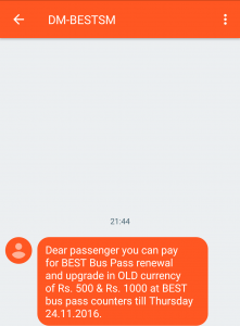 SMS from BEST notifying that Old Currency of ₹500 and ₹1000 can be used for bus passes.
