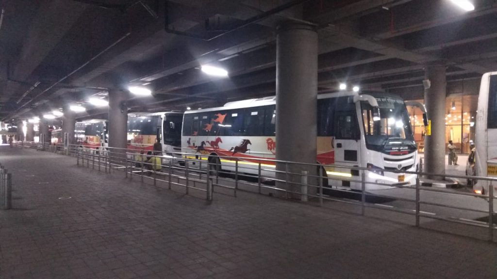 MSRTC's Shivshahi fleet waiting at T2, Chhatrapati Shivaji Maharaj International Airport. Photo by Mahesh Sakhalkar.