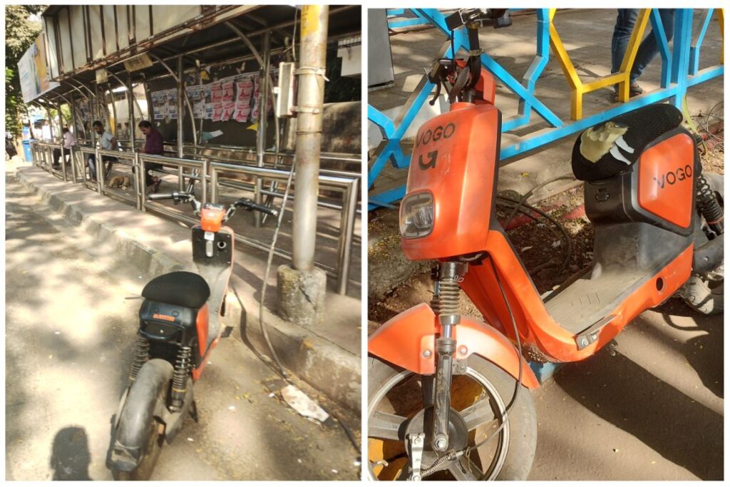 Left: BLR00380 - An e-scooter that was abandoned near the Mulund Railway Station (E) Bus Stop for Weeks. 
Right: BLR01044 abandoned at the VOGO Station near Cadbury Junction, Thane.

(Gandharva Purohit for BESTpedia)