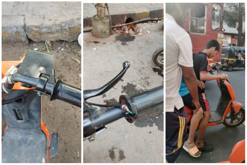 Left: Scooter with a Brake Broken (Literally).
Centre: Wires connected to Accelerator exposed.
Right: Under age kids handling the Electric Scooter in presence of Ground Staff.

(Gandharva Purohit for BESTpedia)