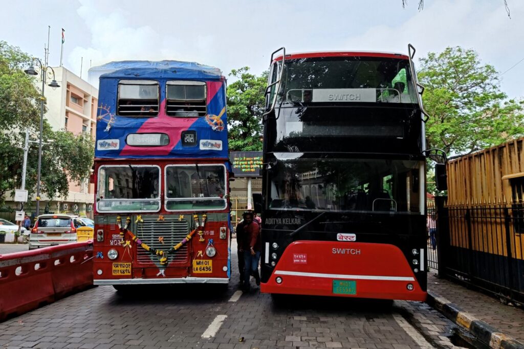 BEST's BS-3 Ashok Leyland Diesel Double Decker and Switch EiV22 Electric Double Decker next to each other. (Photo: Aditya Kelkar)