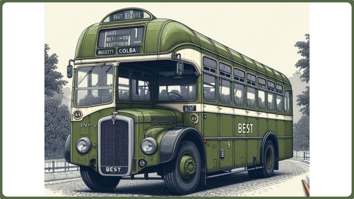 An AI-generated rendition of a BEST bus in military olive green; generated using Dall-E 3 on Bing.