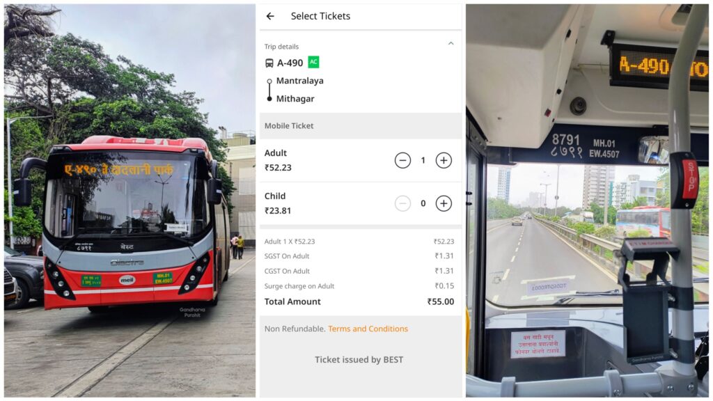 Left to Right: Bus A-490, booking a ticket via the Chalo App and the view of the Easter Freeway from the front of the bus. (Photo: Gandharva Purohit for BESTpedia)