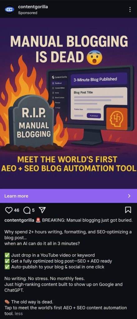 The ContentGorilla Ad that declared that 'Manual Blogging' is "dead"